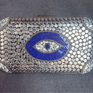 Elegant Silver and Blue Eye Mosaic Clutch
